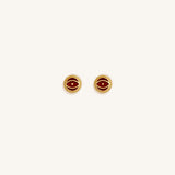 Crimson Shield Garnet January Birthstone Evil Eye Gold Stud Earrings