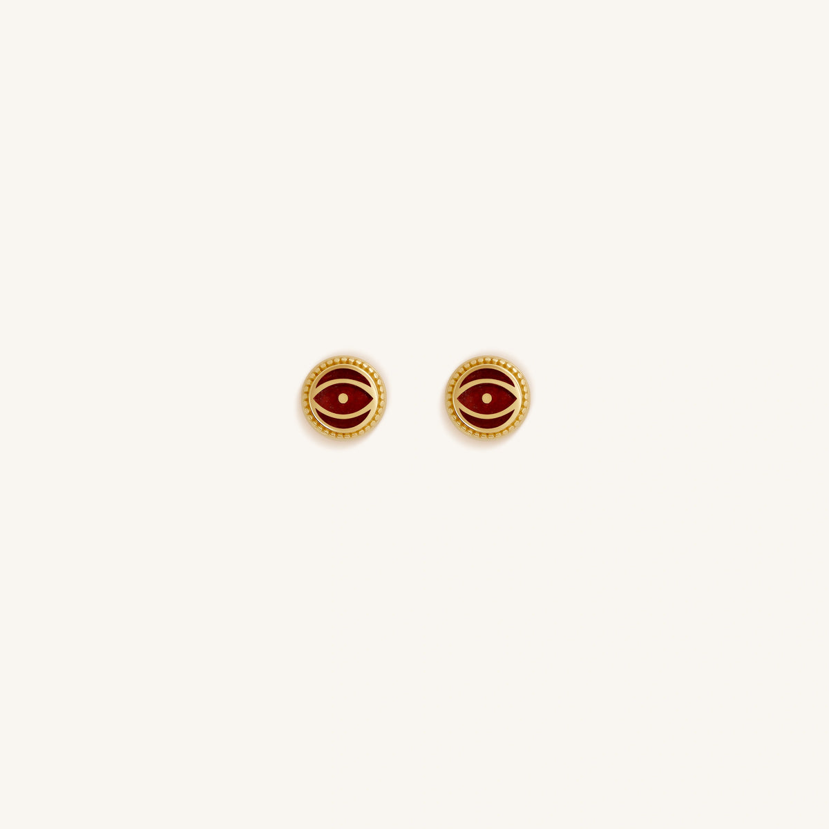 Crimson Shield Garnet January Birthstone Evil Eye Gold Stud Earrings