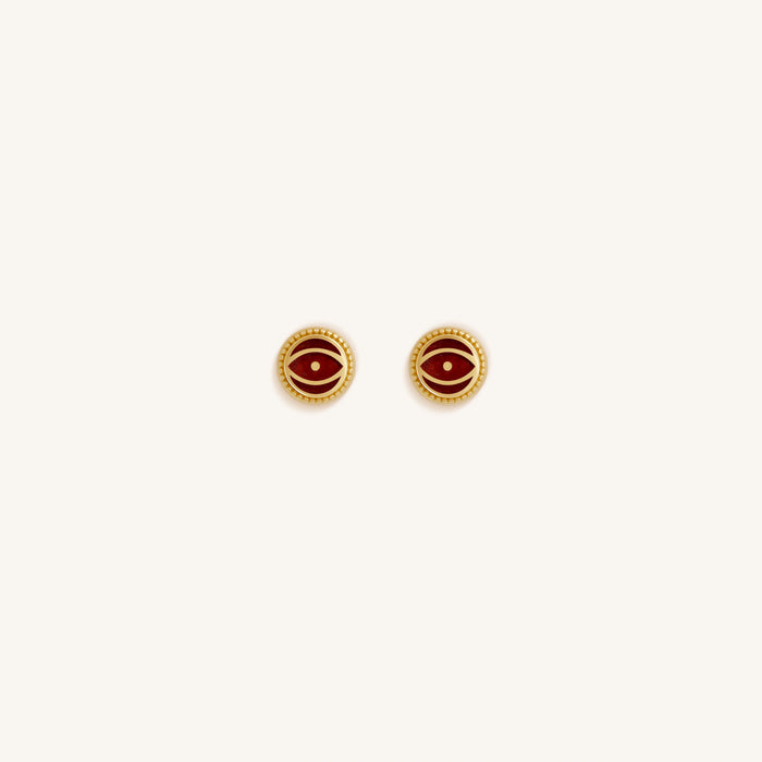 Crimson Shield Garnet January Birthstone Evil Eye Gold Stud Earrings