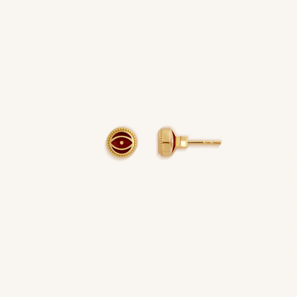 Crimson Shield Garnet January Birthstone Evil Eye Gold Stud Earrings