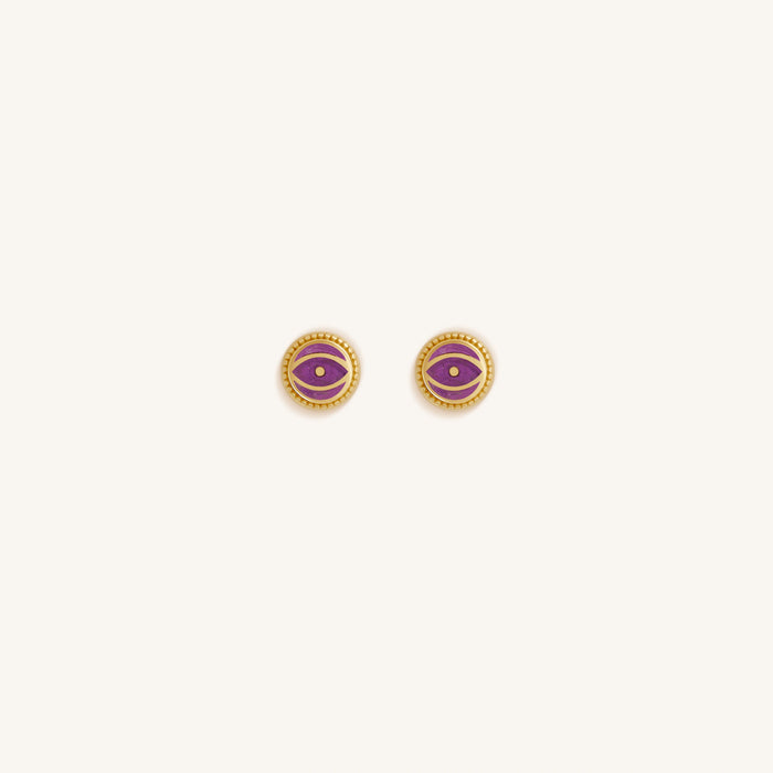 Mystic Guard Amethyst February Birthstone Evil Eye Gold Stud Earrings