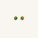 Verdant Guardian Emerald Agate May Birthstone Evil Eye Gold Stud Earrings