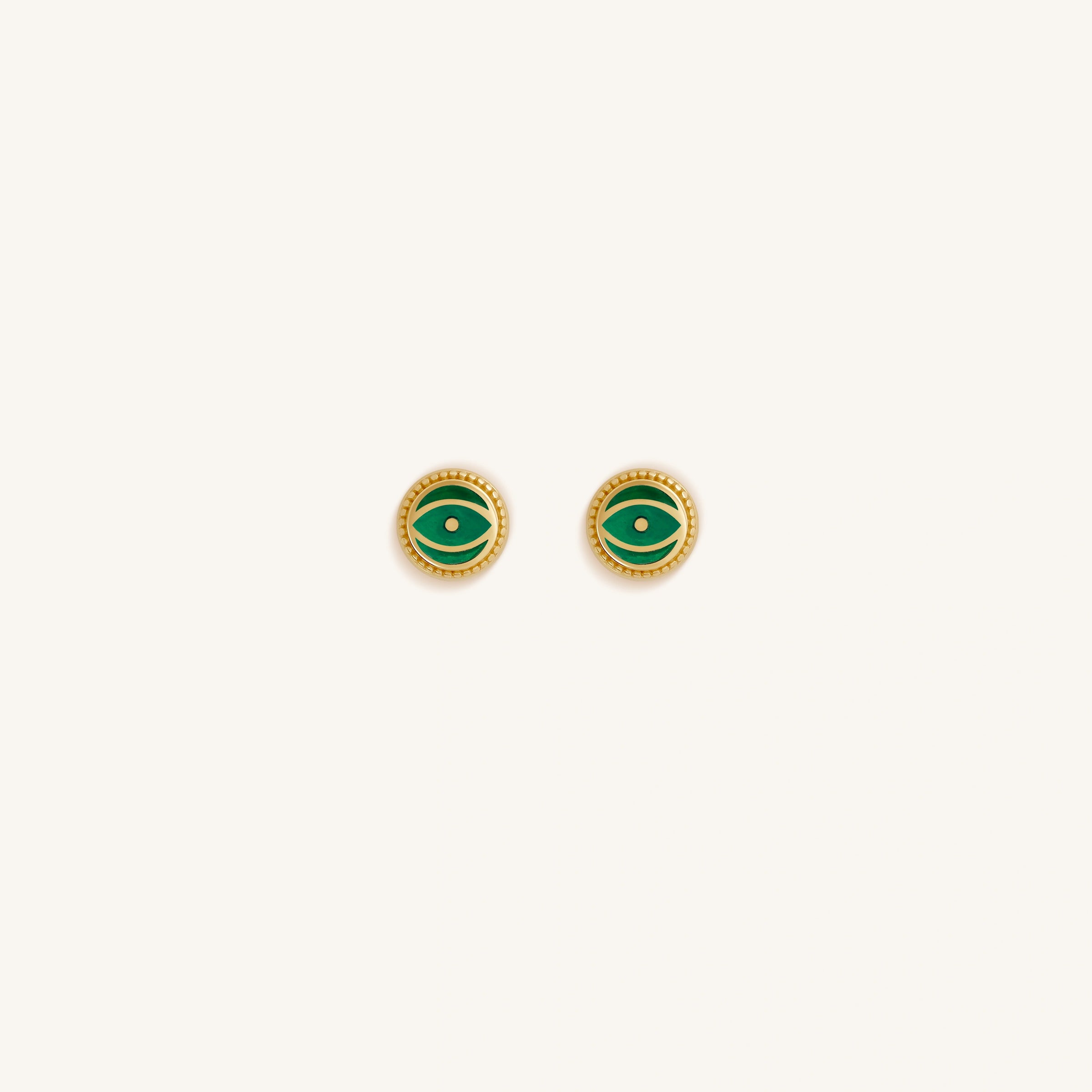 Verdant Guardian Emerald Agate May Birthstone Evil Eye Gold Stud Earrings