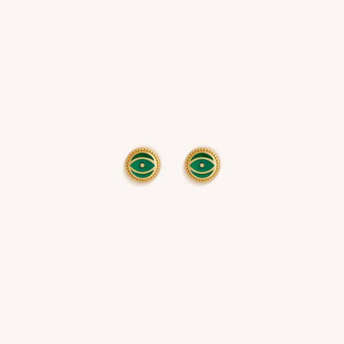 Verdant Guardian Emerald Agate May Birthstone Evil Eye Gold Stud Earrings