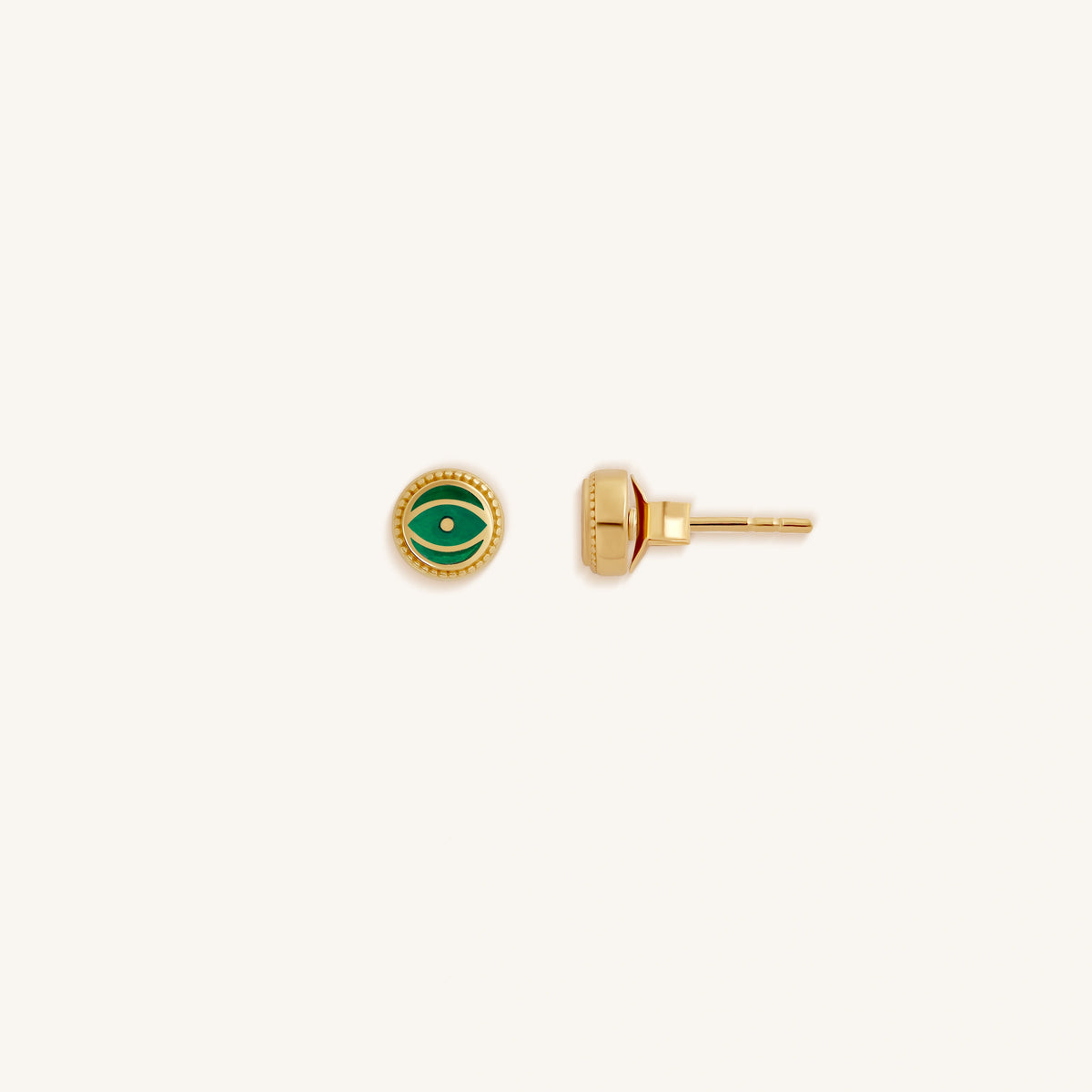 Verdant Guardian Emerald Agate May Birthstone Evil Eye Gold Stud Earrings