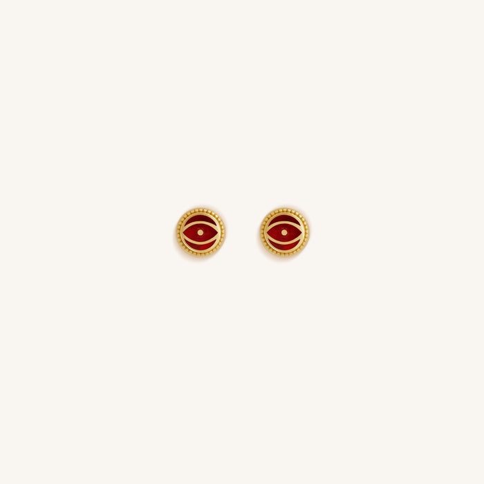Crimson Guardian Ruby Jade July Birthstone Evil Eye Gold Stud Earrings