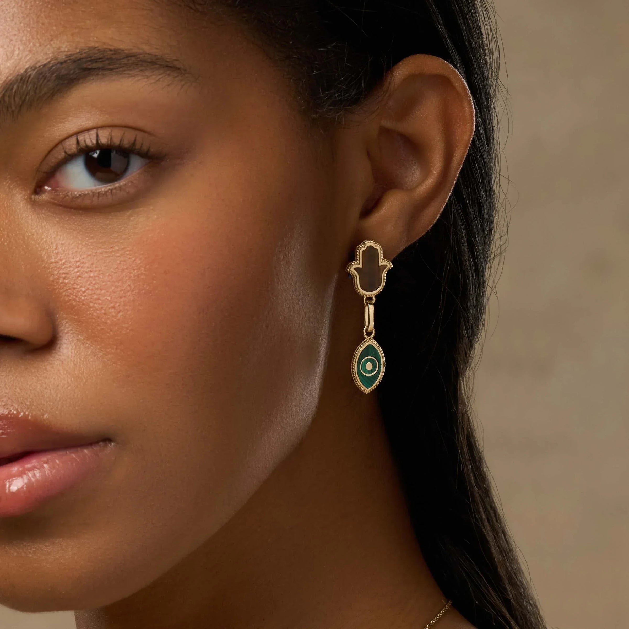 Dreams Secured Tiger’s Eye & Malachite Hamsa & Evil Eye Earrings