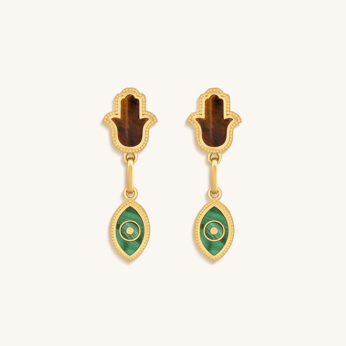 Dreams Secured Tiger’s Eye & Malachite Hamsa & Evil Eye Earrings