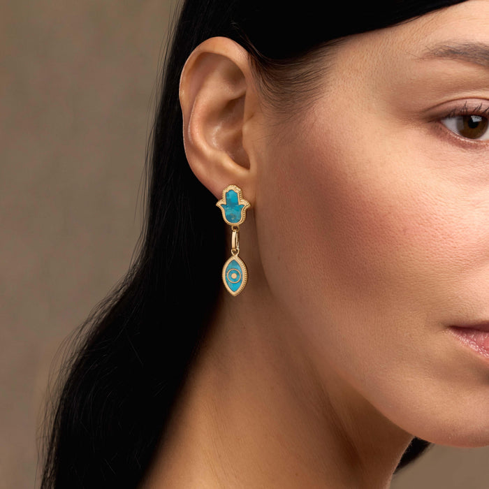Peaceful Mindset Turquoise Evil Eye & Hamsa Gold Earrings