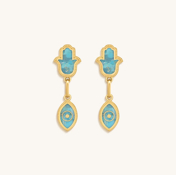 Peaceful Mindset Turquoise Evil Eye & Hamsa Gold Earrings