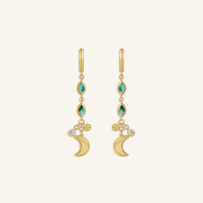 Lucky Crescent Moon & Evil Eye Multi-Stone Earrings
