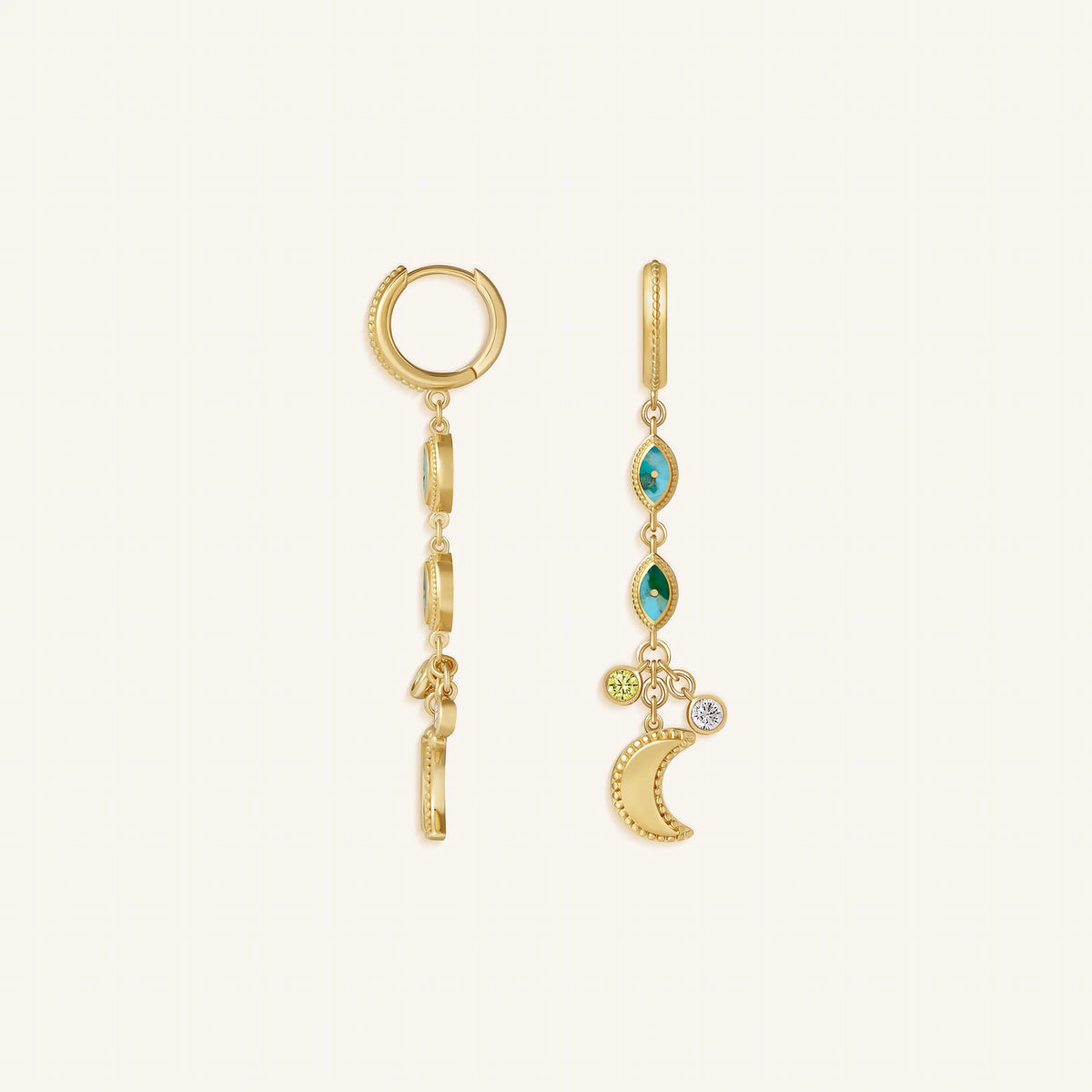 Lucky Crescent Moon & Evil Eye Multi-Stone Earrings