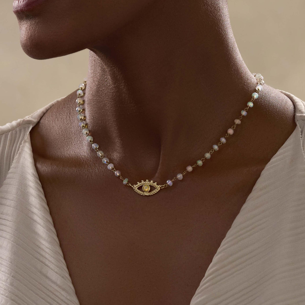 Endless Journey 14K Gold Ethiopian White Opal Evil Eye Necklace