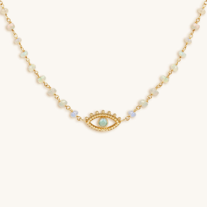 Endless Journey 14K Gold Ethiopian White Opal Evil Eye Necklace