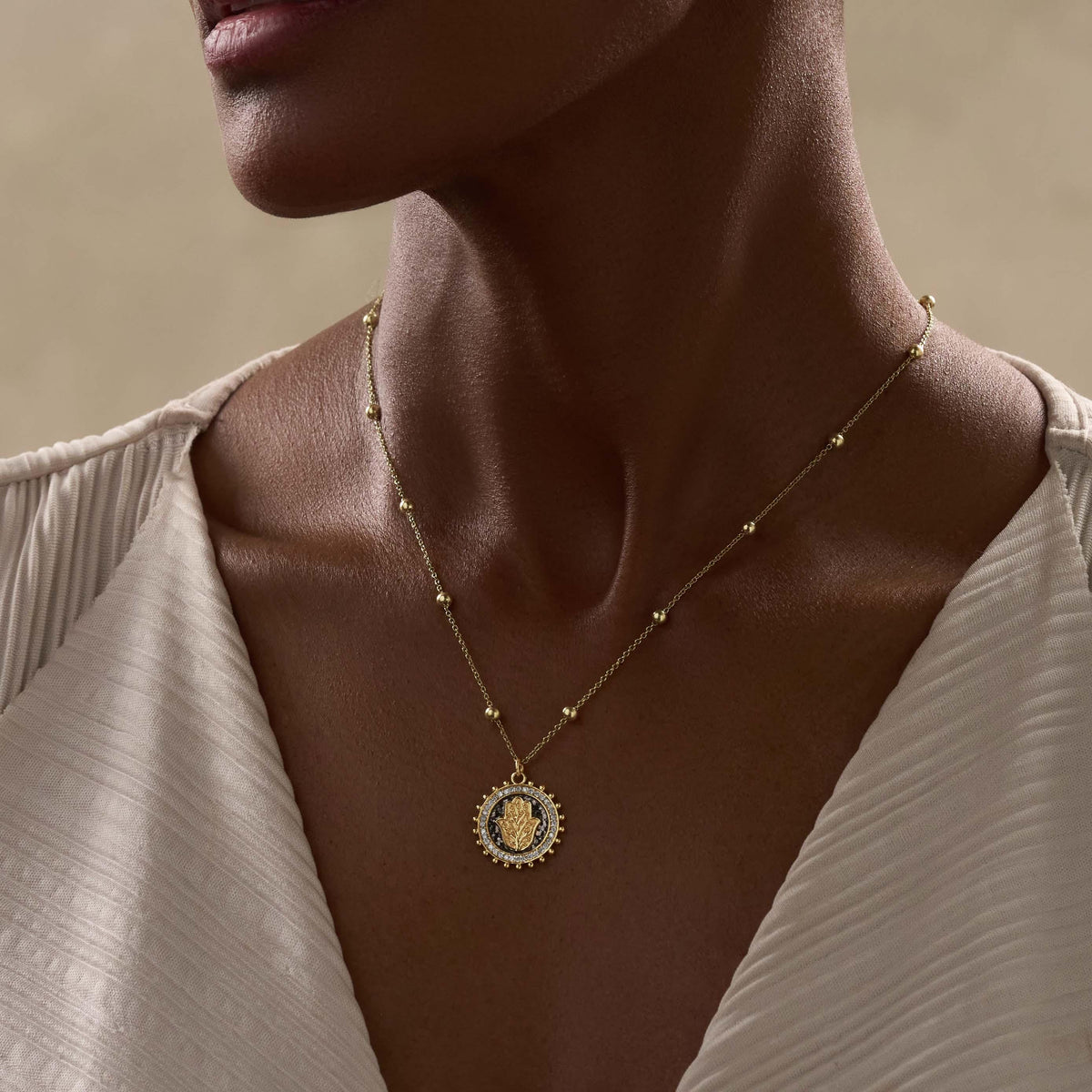 Illuminated Faith 14K Solid Gold Diamond Hamsa Medallion Necklace