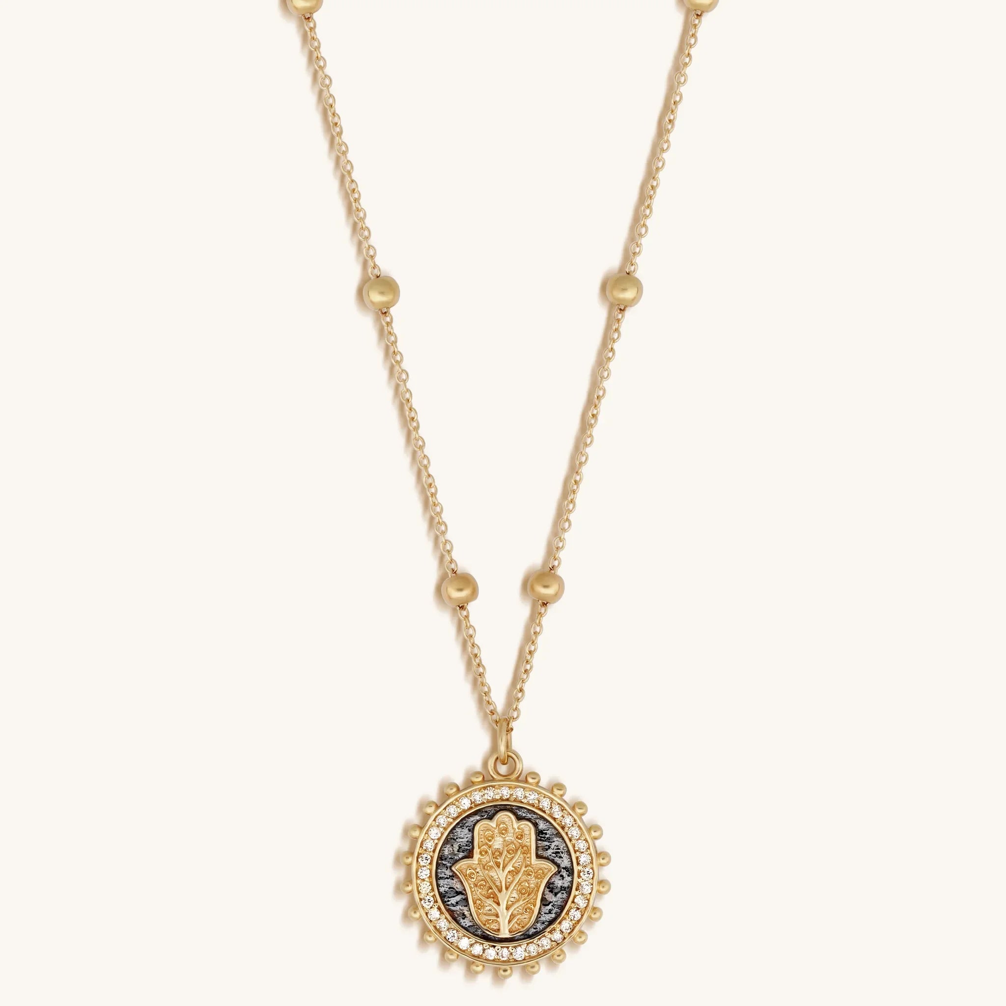 Illuminated Faith 14K Solid Gold Diamond Hamsa Medallion Necklace