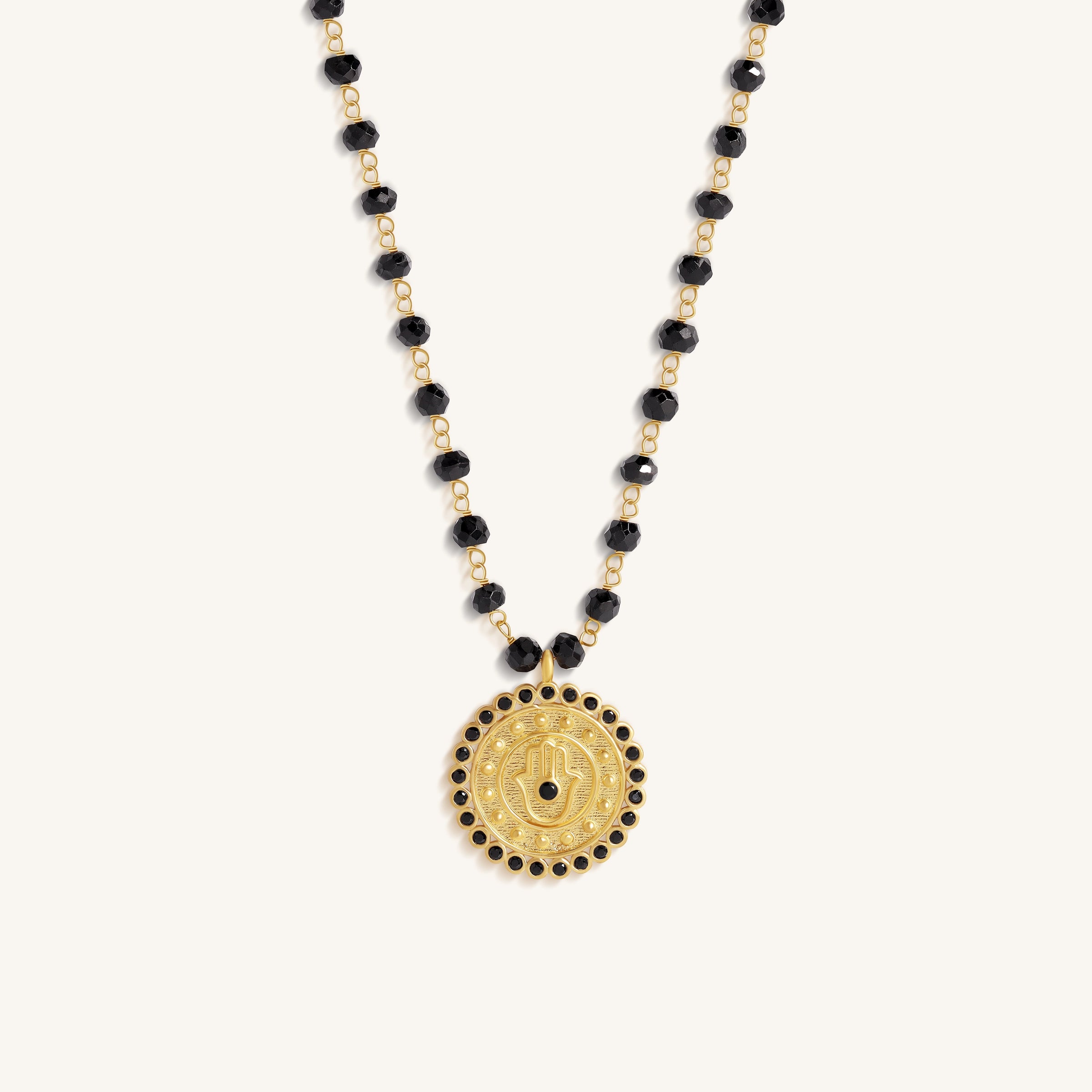 Silent Guard Hamsa Onyx Gold Necklace