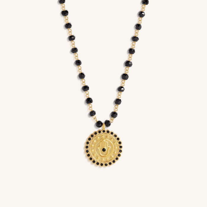 Silent Guard Hamsa Onyx Gold Necklace