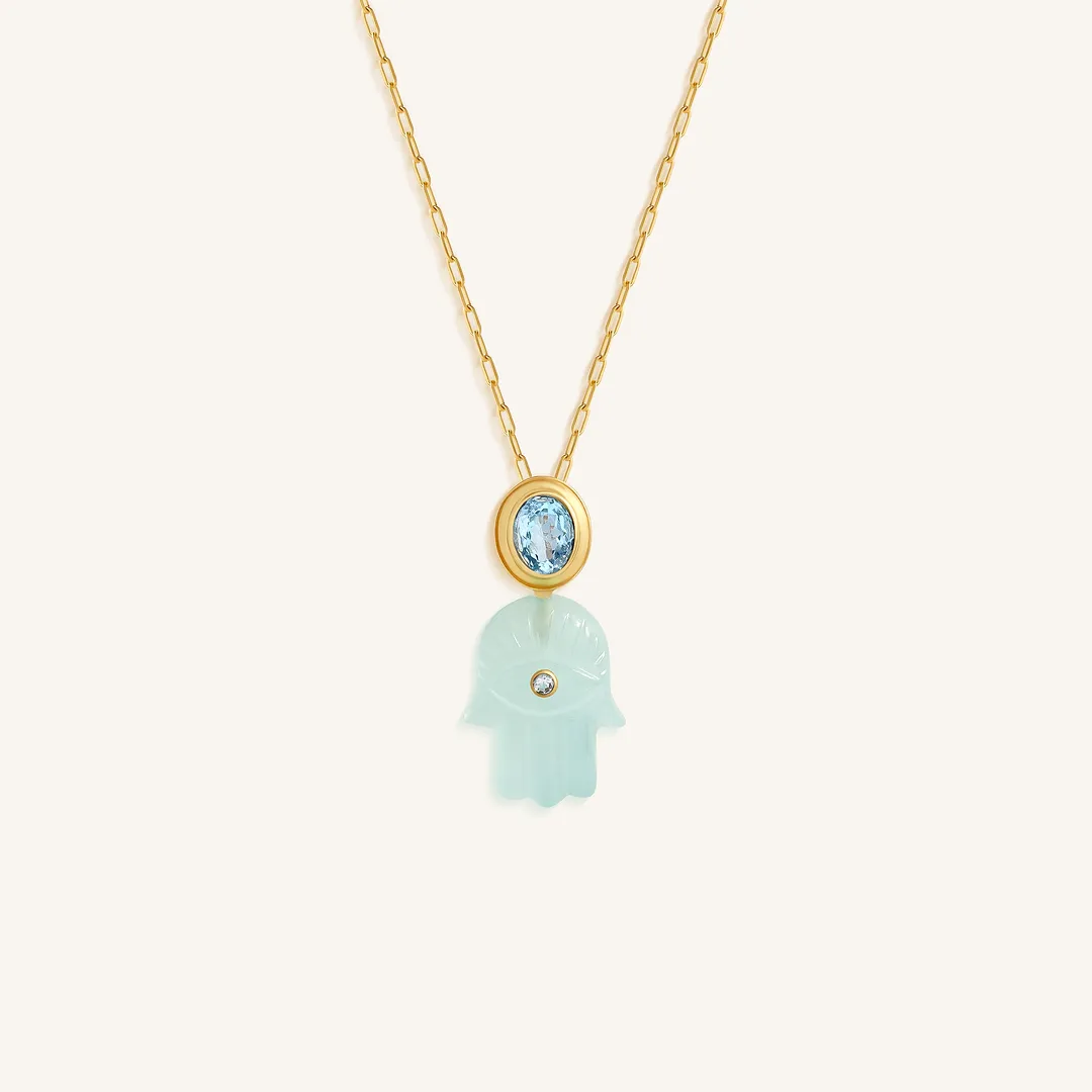 Guiding Grace Chalcedony Blue Topaz Hamsa Necklace