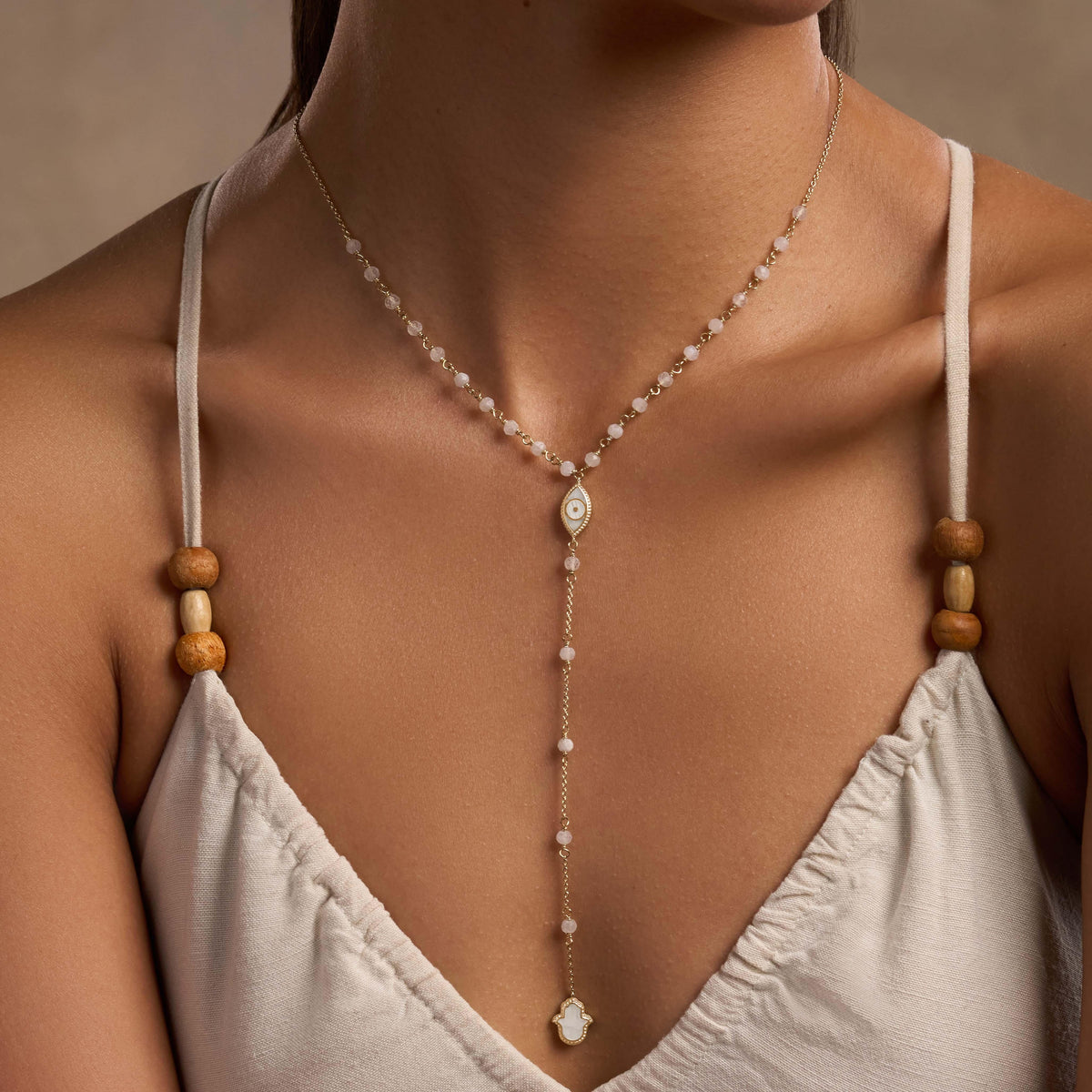 Fresh Ambition Moonstone Evil Eye & Hamsa Gold Necklace