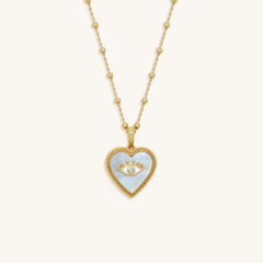 Nurturing Energy White Mother of Pearl Heart & Evil Eye Gold Necklace