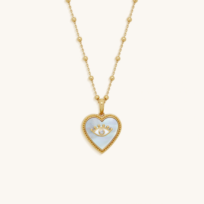 Nurturing Energy White Mother of Pearl Heart & Evil Eye Gold Necklace