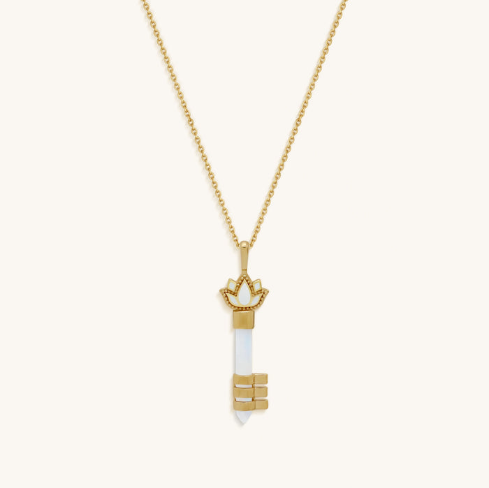 Spiritual Awakening Rainbow Moonstone Key & Lotus Gold Necklace