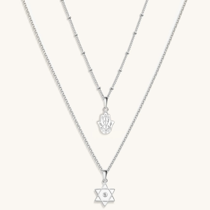 Protected in Faith - Silver Hamsa Star of David Necklace