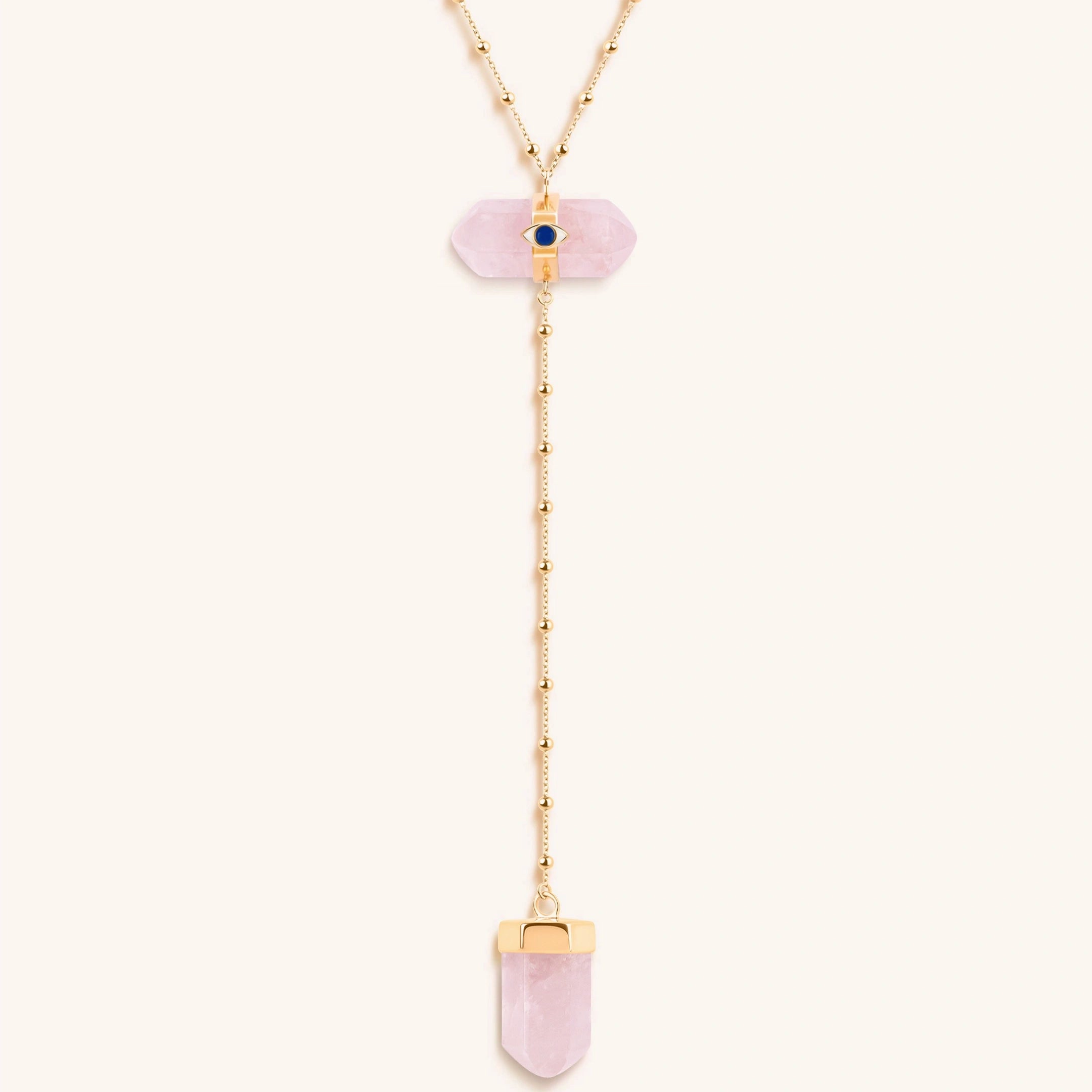 Open Hearted Gold Rose Quartz Evil Eye Double Pointer Necklace
