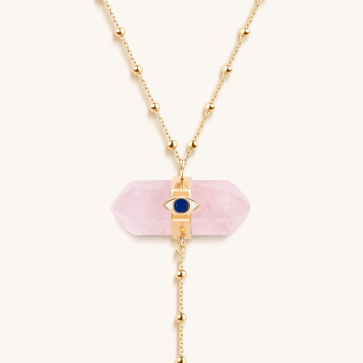 Open Hearted Gold Rose Quartz Evil Eye Double Pointer Necklace