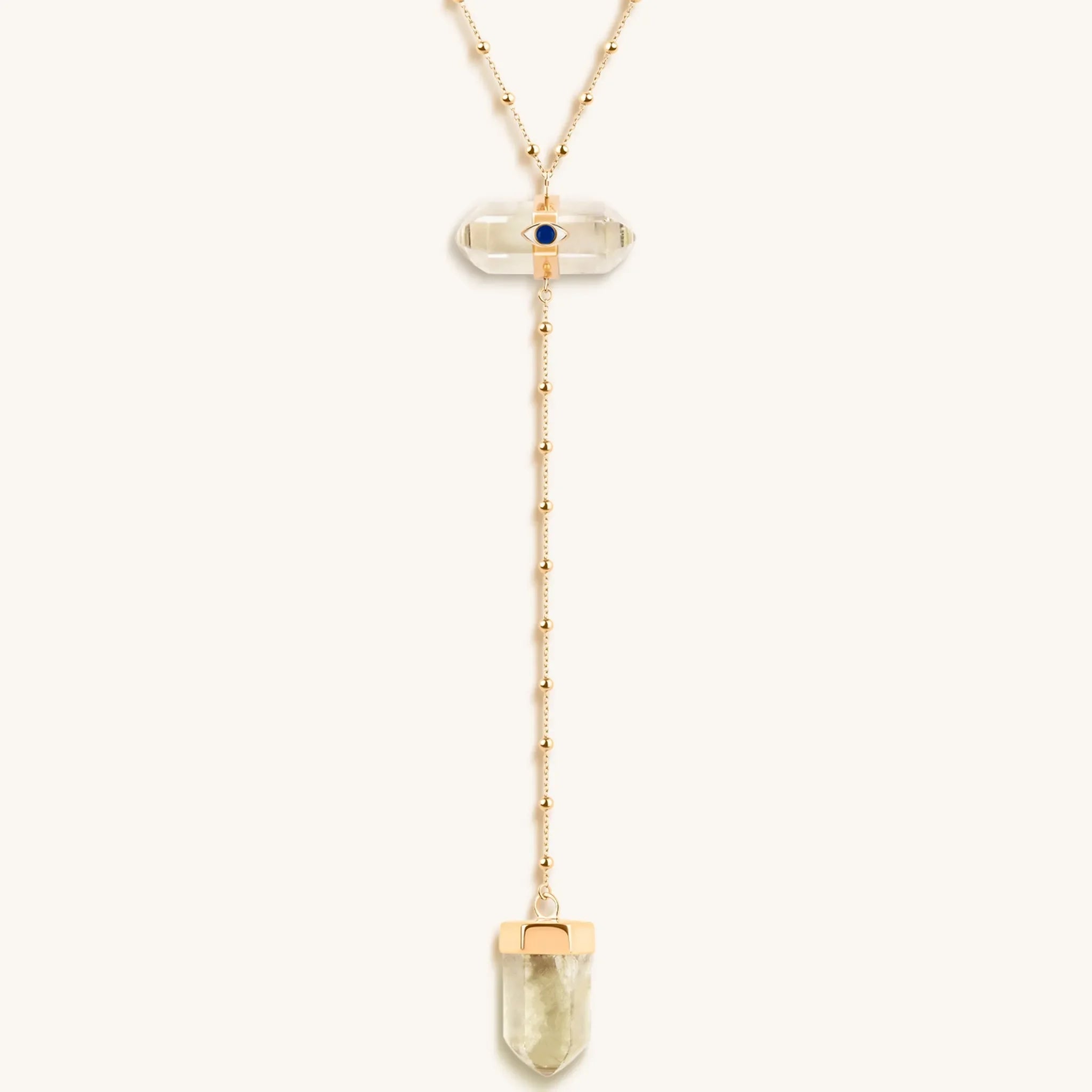 Vibrationally High Gold Citrine Evil Eye Double Pointer Necklace