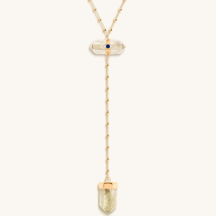 Vibrationally High Gold Citrine Evil Eye Double Pointer Necklace