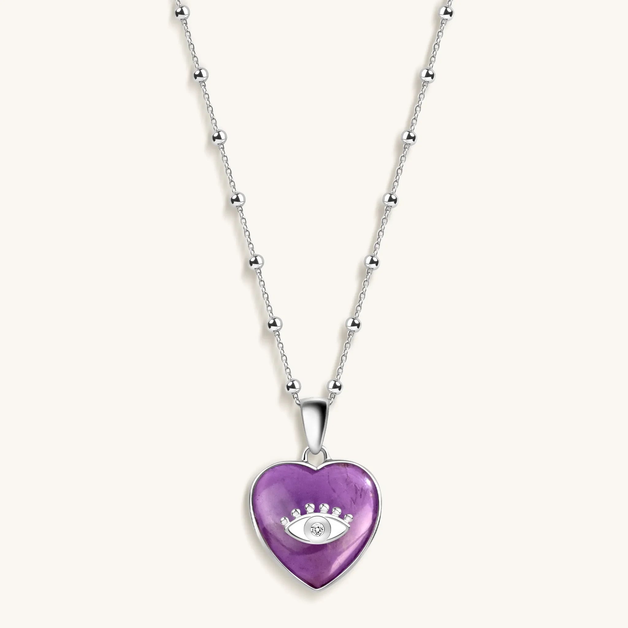 Soothing Love - Amethyst Heart Diamond Evil Eye Necklace