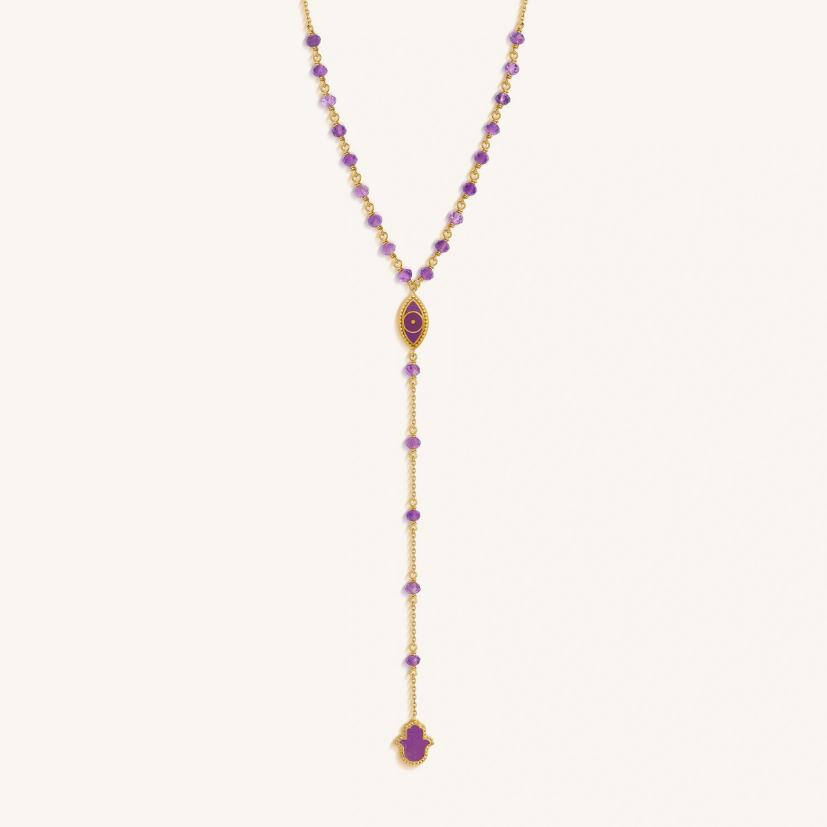 Guardian Spirit Amethyst Hamsa & Evil Eye Gold Necklace
