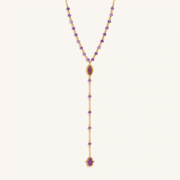 Guardian Spirit Amethyst Hamsa & Evil Eye Gold Necklace