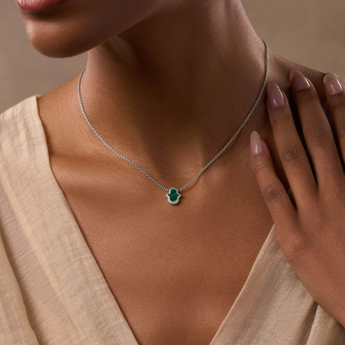 Peaceful Mind Hamsa Malachite Silver Necklace