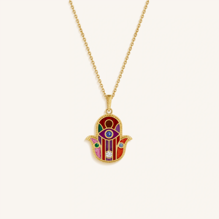 Divine Aura Multi-Gemstone Hamsa Charm Necklace