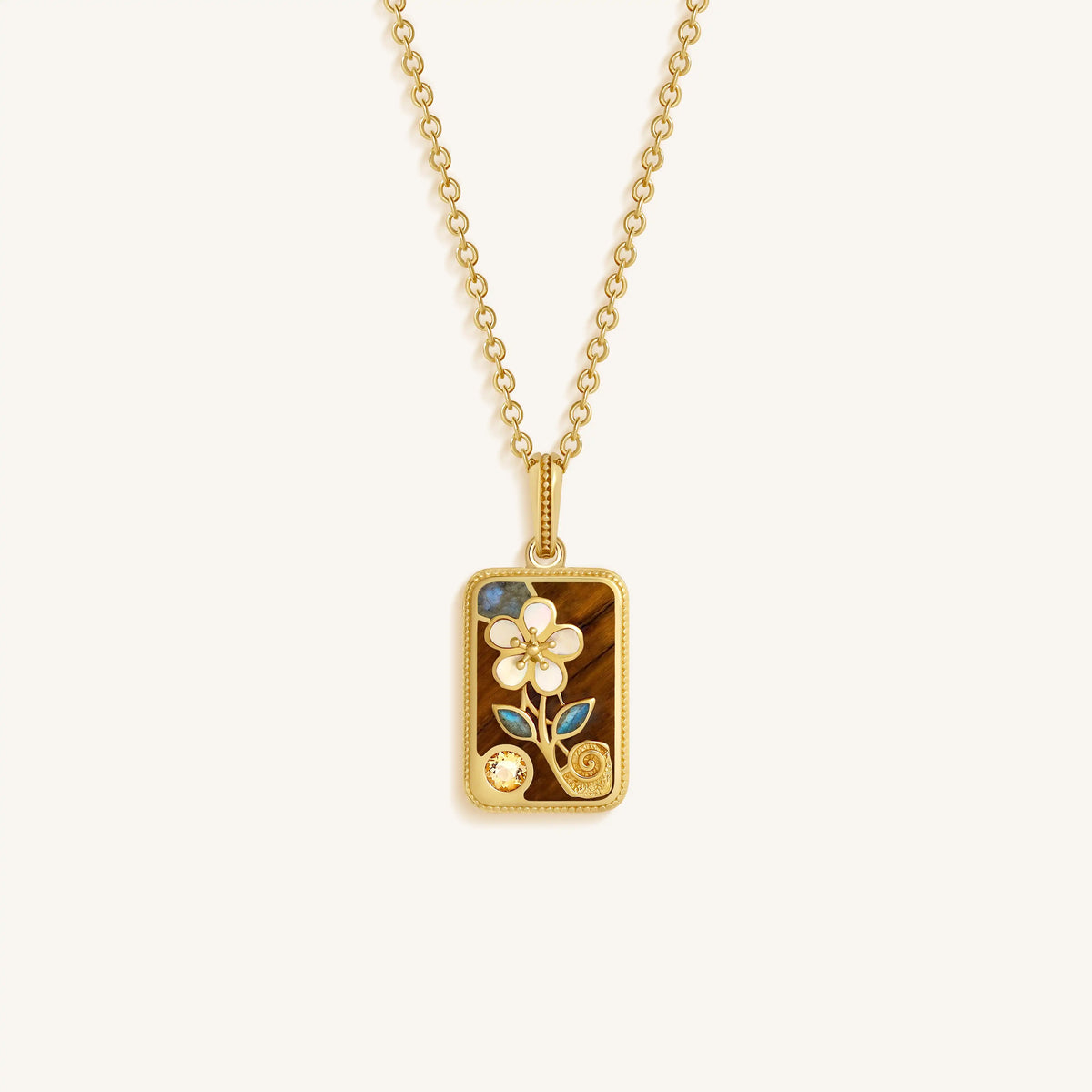 Golden Bloom Flower Tile Multi-Stone Mahjong Necklace