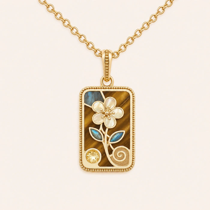 Golden Bloom Flower Tile Multi-Stone Mahjong Necklace