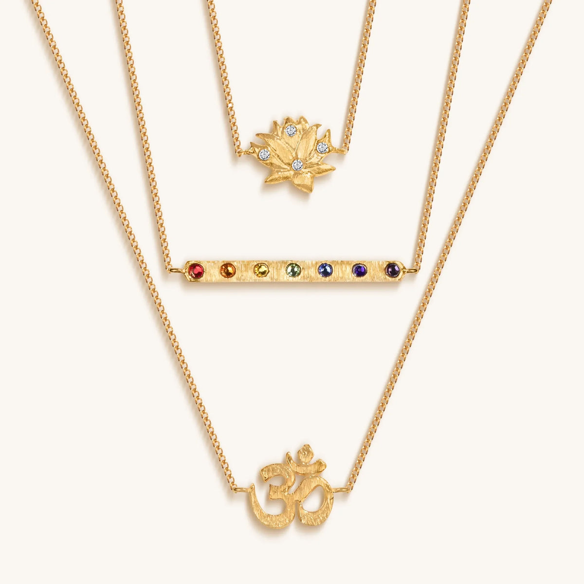 Aligned in Serenity Lotus OM Chakra Bar Triple Layer Necklace