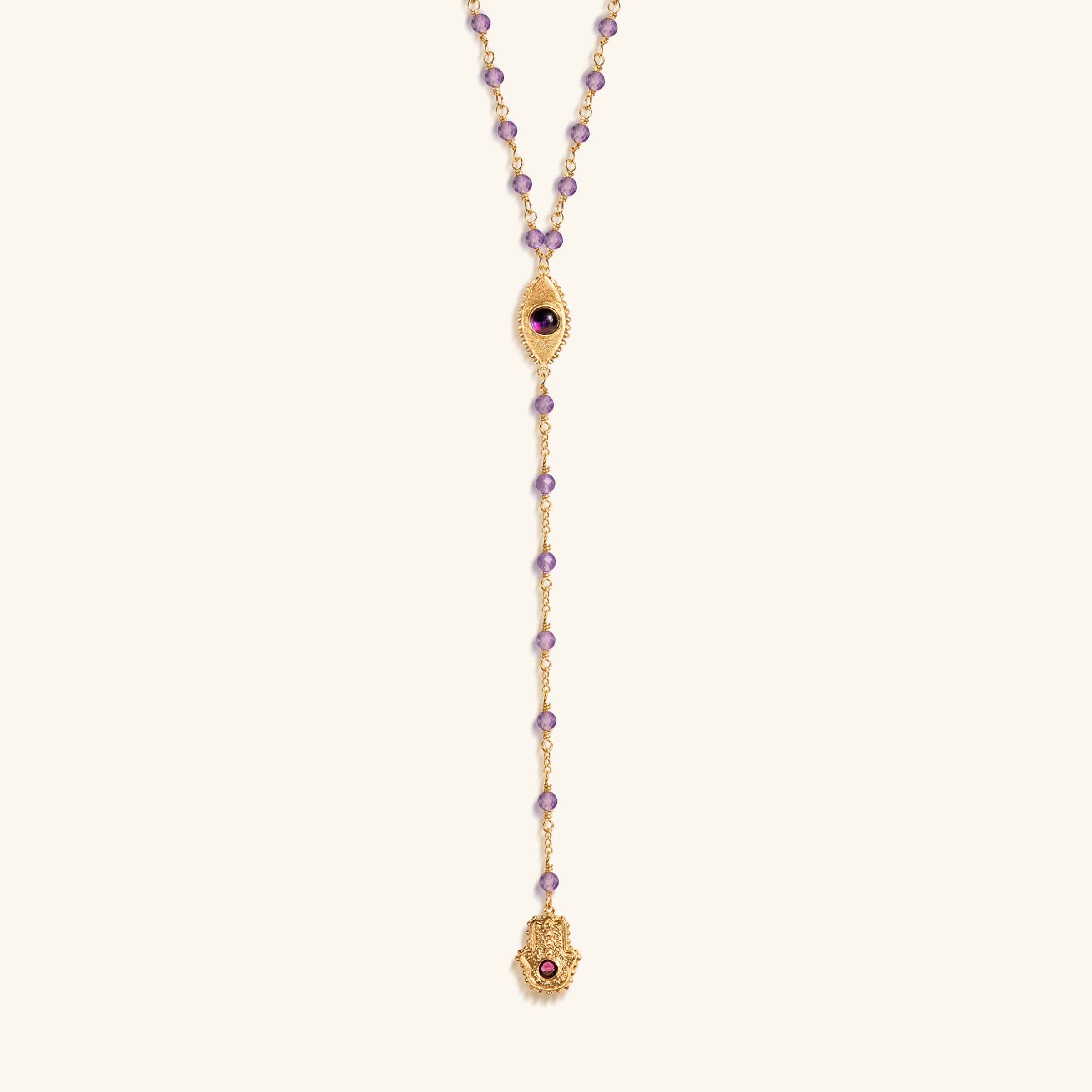 Peace of Spirit Amethyst Evil Eye Hamsa Lariat Necklace