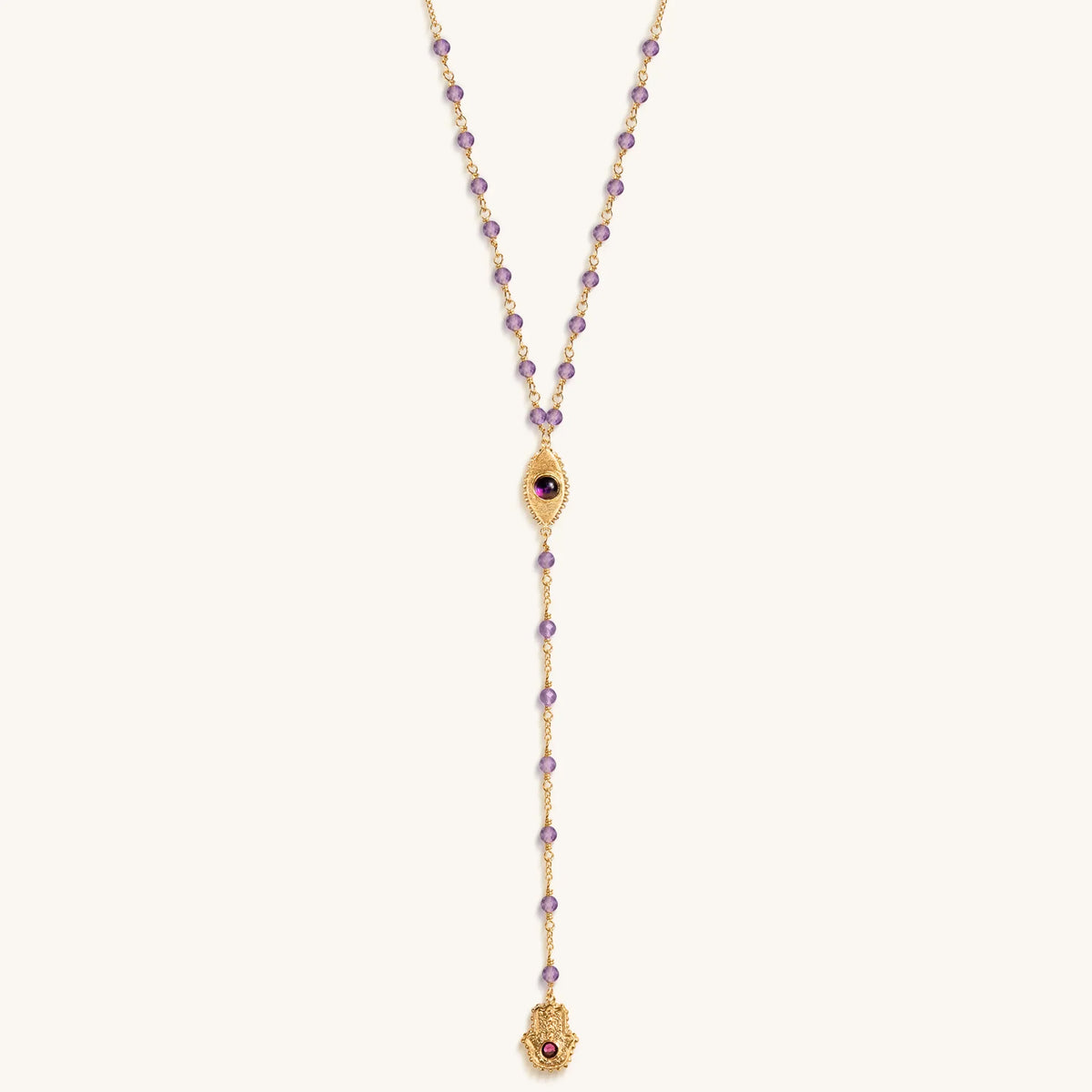 Peace of Spirit Amethyst Evil Eye Hamsa Lariat Necklace