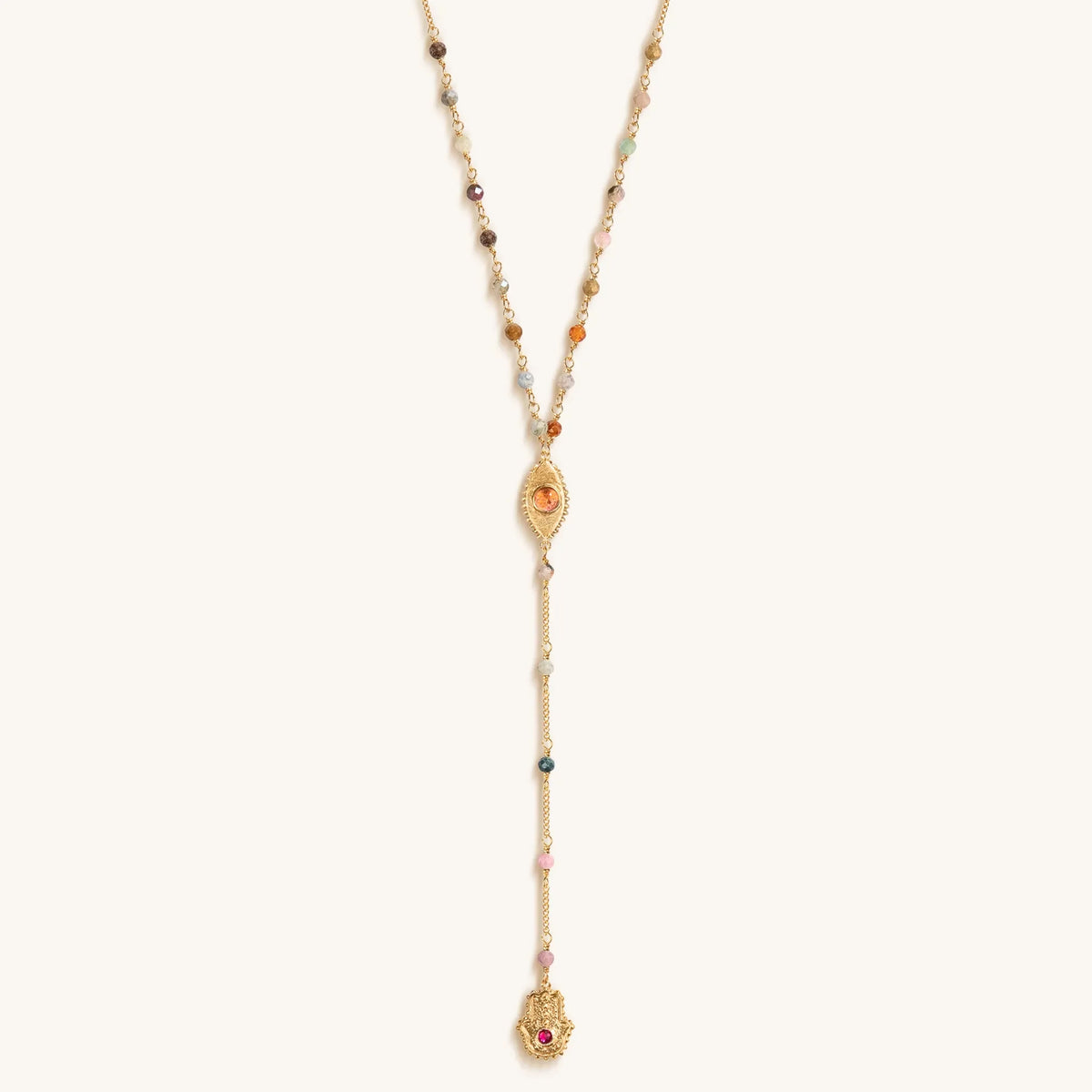 Benevolent Spirit Tourmaline Evil Eye Hamsa Lariat Necklace