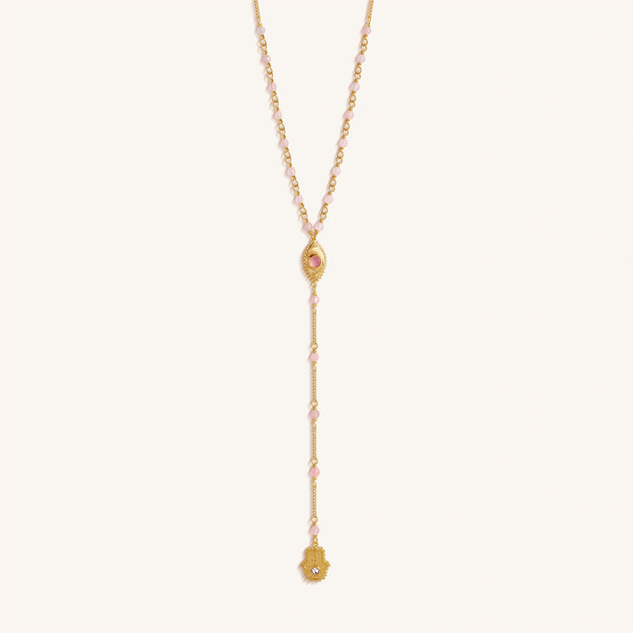 Heart of Serenity Rose Quartz Evil Eye Hamsa Lariat Necklace