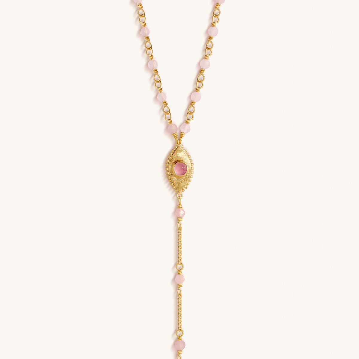 Heart of Serenity Rose Quartz Evil Eye Hamsa Lariat Necklace