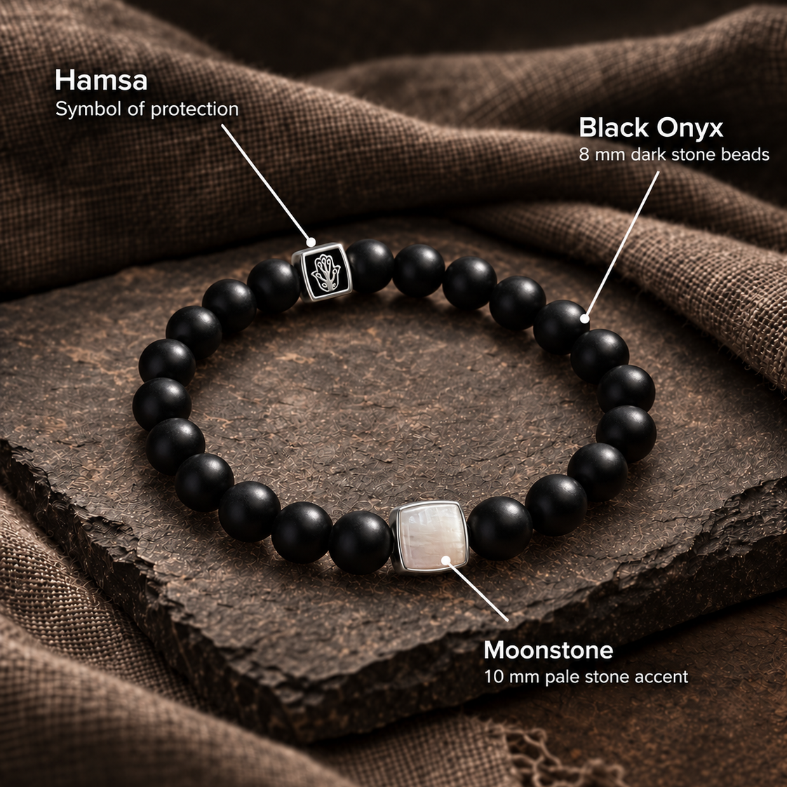 Abundant Awakening Moonstone & Black Onyx Hamsa Bracelet – key features