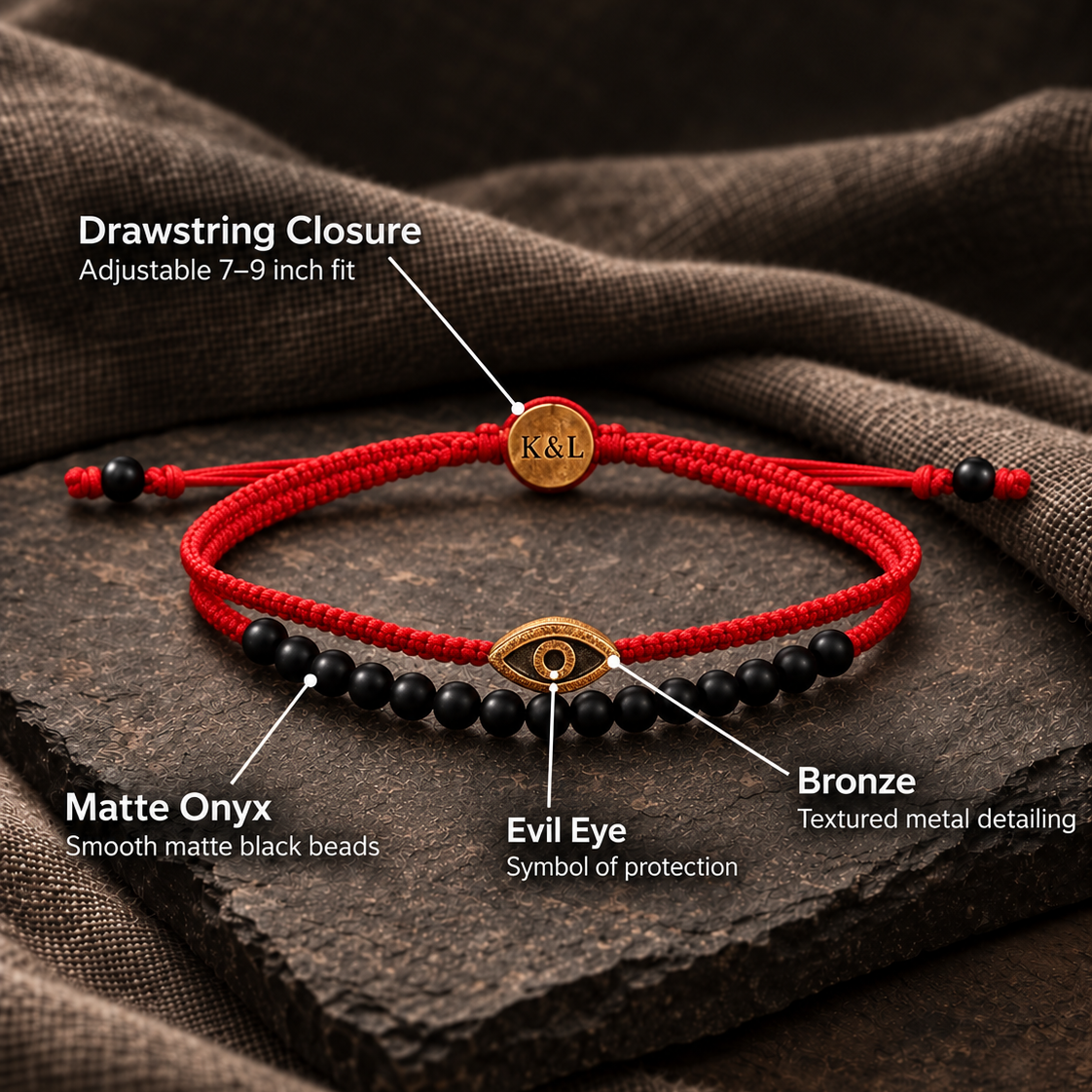 Brave Gaze Red String Matte Onyx Evil Eye Bracelet – key features