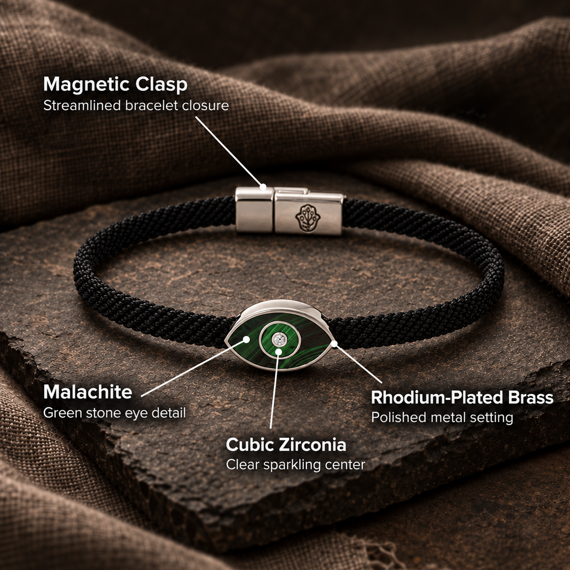 Essence of Balance Malachite Evil Eye Black String Bracelet – key features