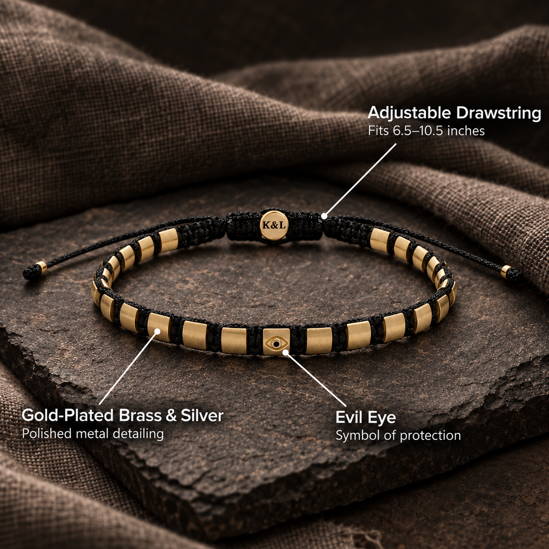 Golden Guardian Evil Eye Drawstring Bracelet – key features