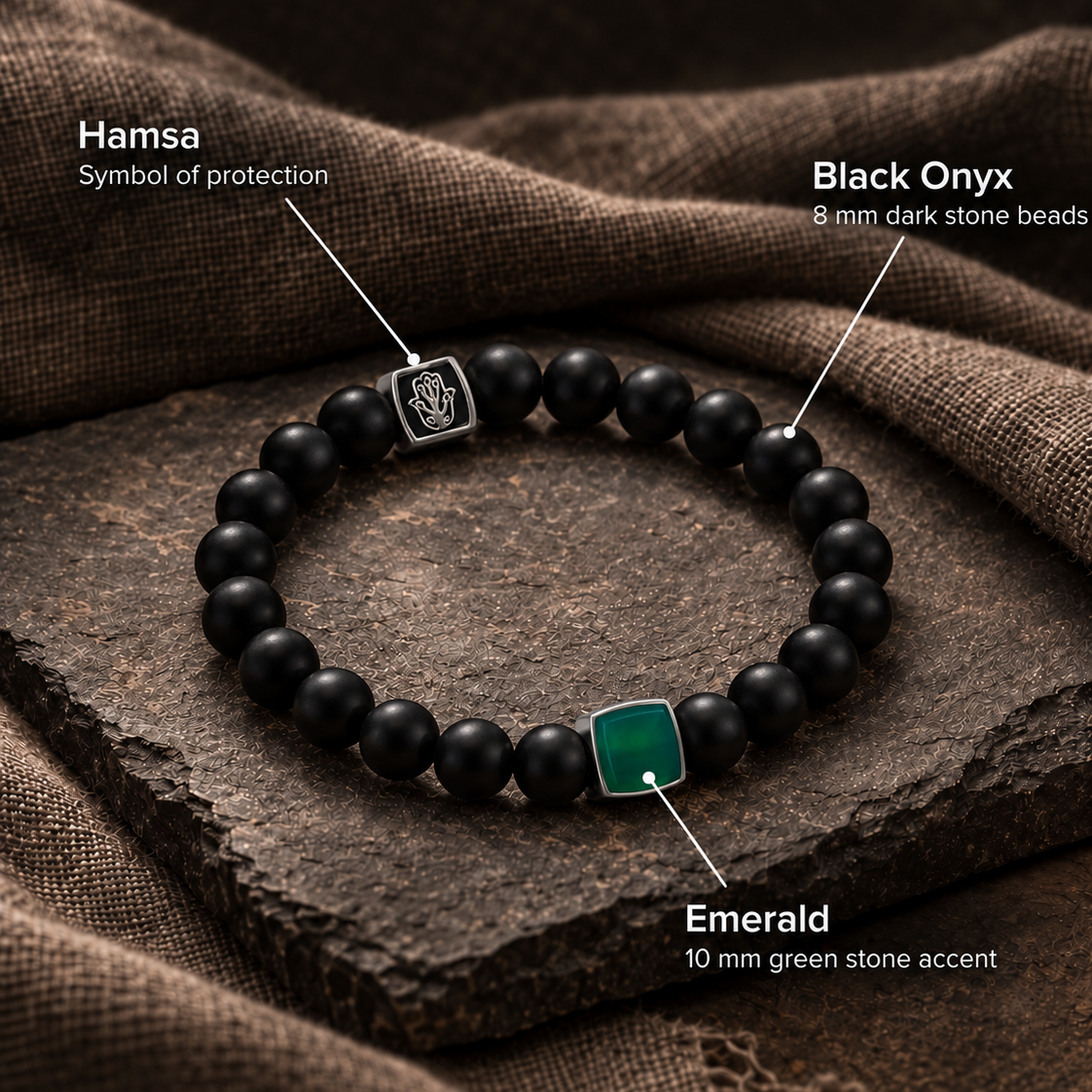 Insightful Wisdom Emerald & Black Onyx Hamsa Bracelet – key features